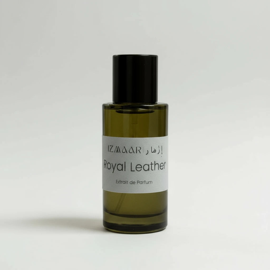 Perfume bottle labeled 'Royal Leather' by IZMAAR on a white background