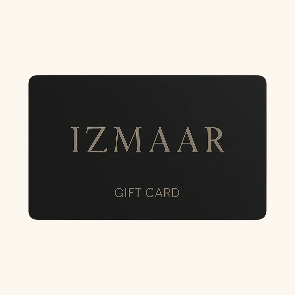 Black gift card with 'IZMAAR' branding on a beige background