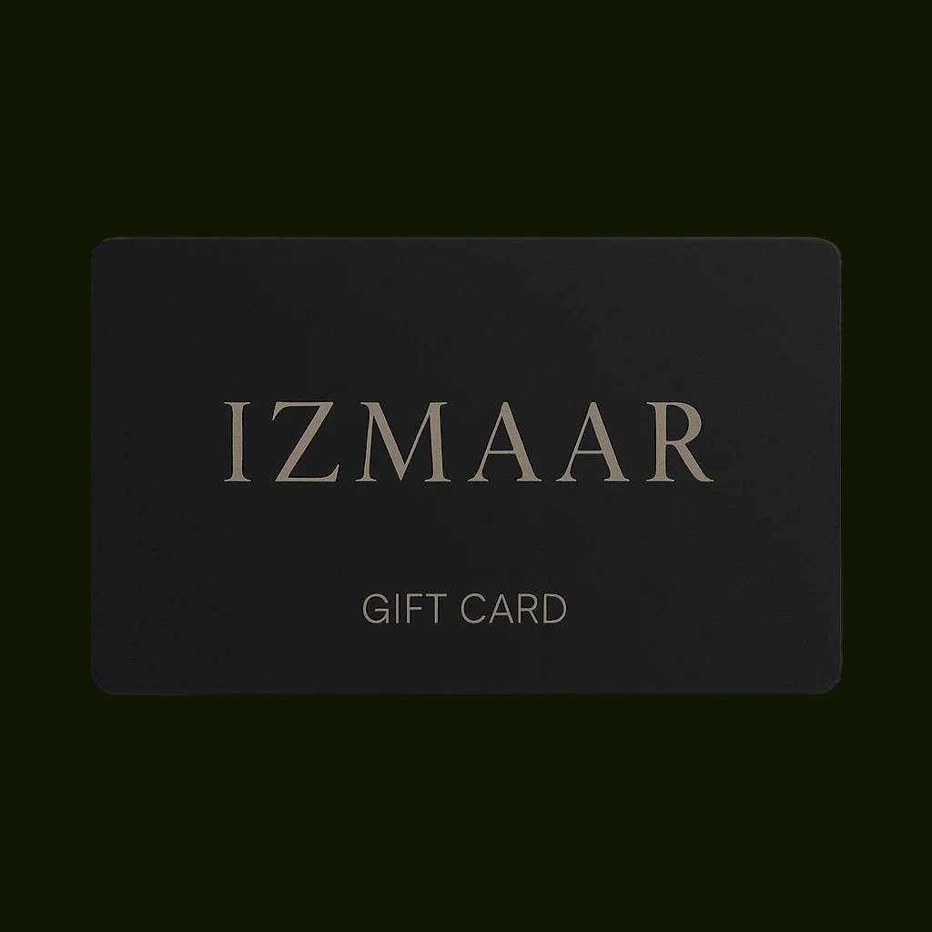 Black gift card with 'IZMAAR' branding on a beige background