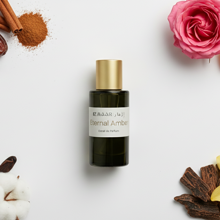 Bottle of Bernal Ambre perfume surrounded by flowers, spices, and cotton on a white background