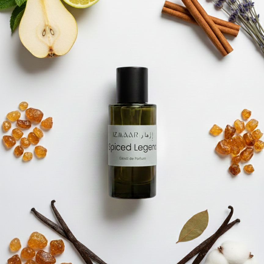 A bottle of 'Spiced Legend' cologne surrounded by vanilla beans, cinnamon sticks, a lemon, a pear, and lavender on a white background.