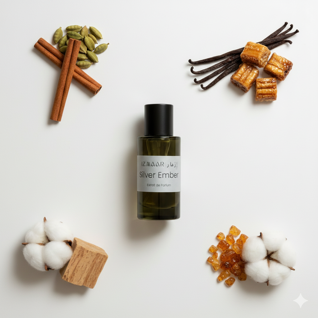 Perfume bottle labeled 'Silver Ember' surrounded by vanilla beans, cinnamon sticks, cardamom pods, and cotton on a light background.