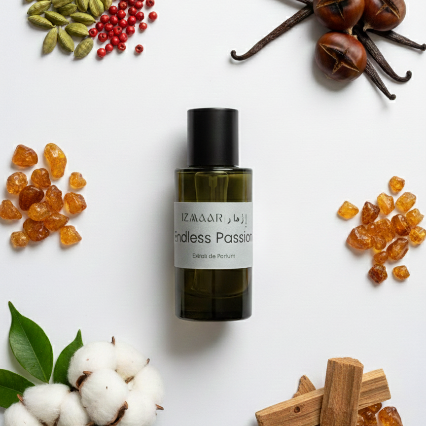 Perfume bottle labeled 'Endless Passion' surrounded by various botanical elements on a white background