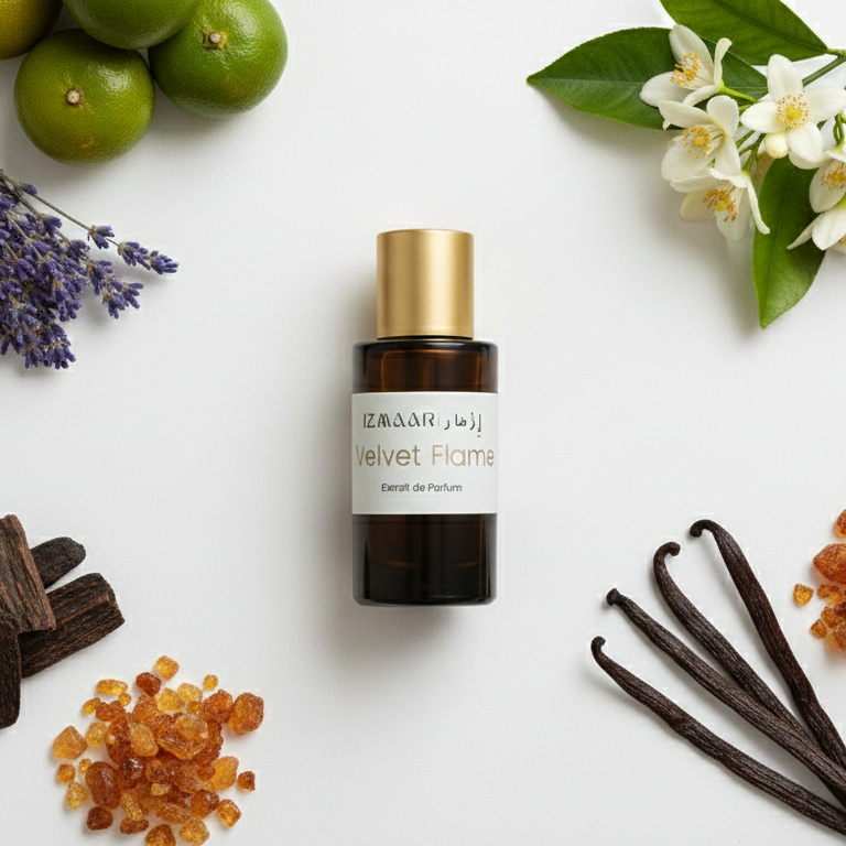 Skincare serum bottle with vanilla beans, flowers, and fruits on a white background