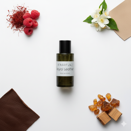 Perfume bottle labeled 'Royal Leather' surrounded by saffron, raspberries, flowers, and wood pieces on a white background.